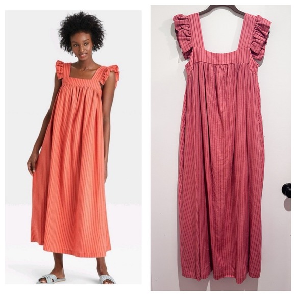 a new day Dresses & Skirts - A New Day Linen Dress XS Red Orange Stripe Maxi Flutter Sleeve Bump Friendly